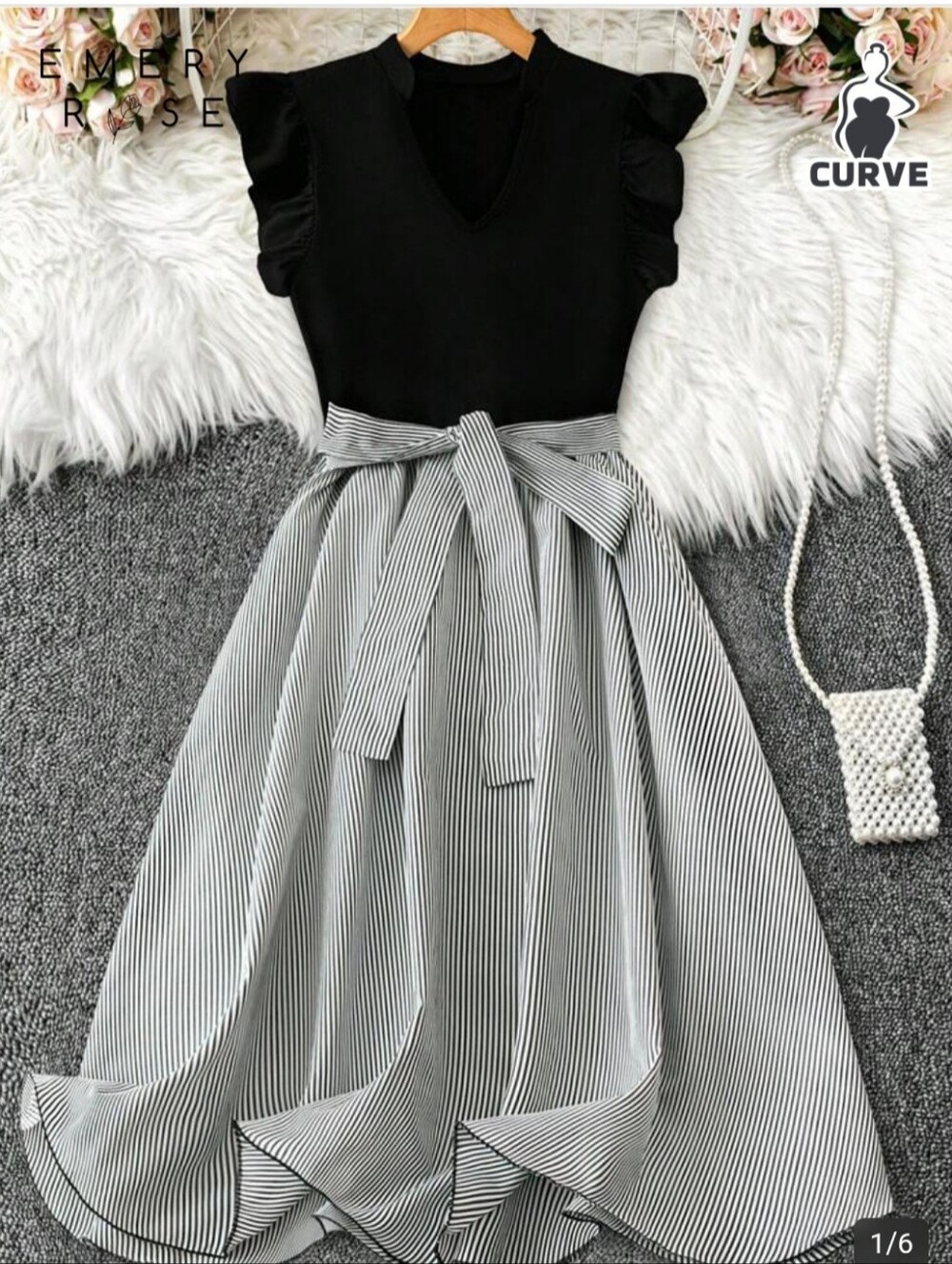 Emery Rose Black Top with Striped Tie-Waist Skirt